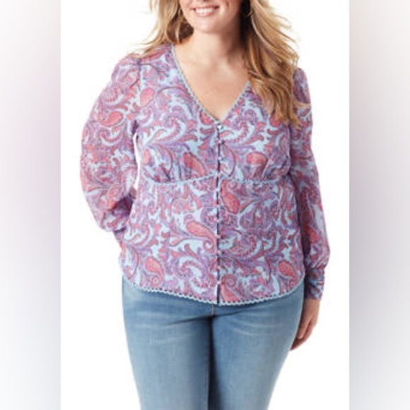 Jessica Simpson Blue Boho Paisley Chiffon Long Sleeve Crochet Trim Blouse 2X - Picture 2 of 12